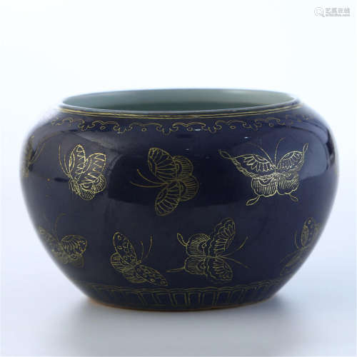 CHINESE PORCELAIN BLUE GLAZE GOLD PAINTED BUTTERFLY WATER JAR