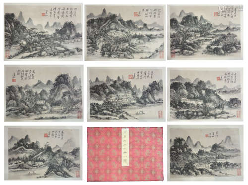 EIGHT PAGES OF CHINESE ALBUM PAINTING OF MOUNTAIN VIEWS