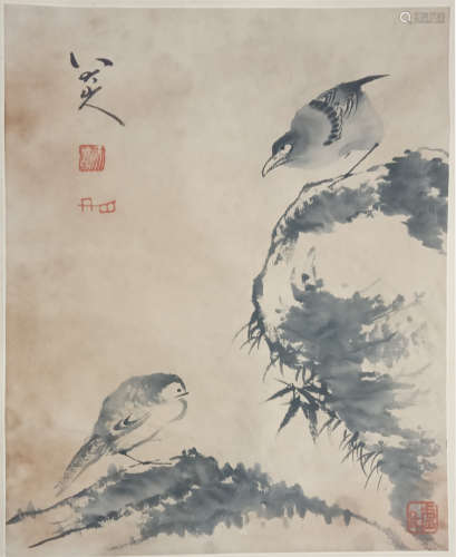 ONE PAGE OF CHINESE SCROLL PAINTING OF BIRD ON ROCK