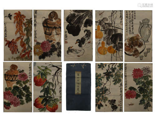 NINE PAGES OF CHINESE ALBUM PAINTING OF FLOWER AND FRUIT