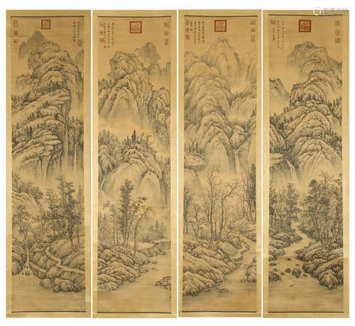 FOUR PANELS OF CHINESE SCROLL PAINTING OF MOUNTAIN VIEWS