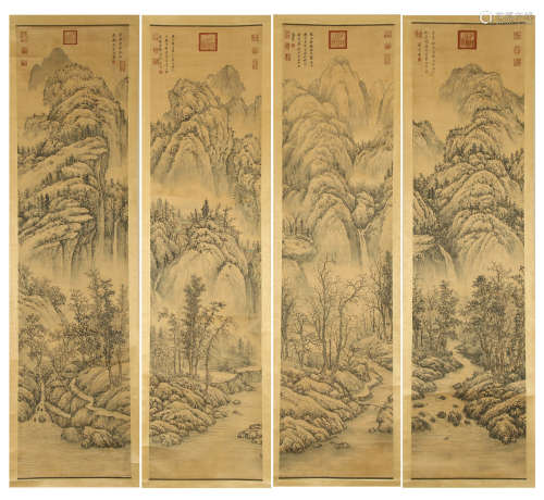 FOUR PANELS OF CHINESE SCROLL PAINTING OF MOUNTAIN VIEWS