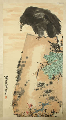 CHINESE SCROLL PAINTING OF EAGLE ON ROCK