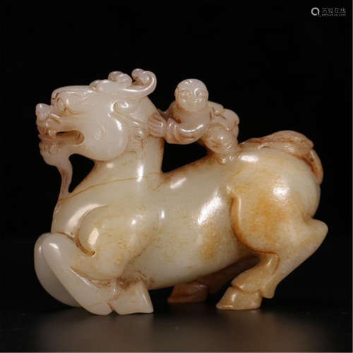 CHINESE ANCIENT JADE BOY WITH BEAST TABLE ITEM