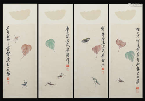 FOUR PANELS OF CHINESE SCROLL PAINTING OF INSECT AND LEAF