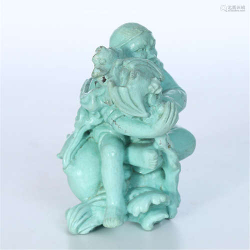 CHINESE TURQUOISE SEATED LOHAN WITH BEAST TABLE ITEM