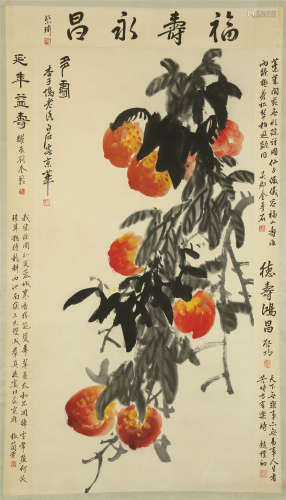 CHINESE SCROLL PAINTING OF PEACH WITH CALLIGRAPHY