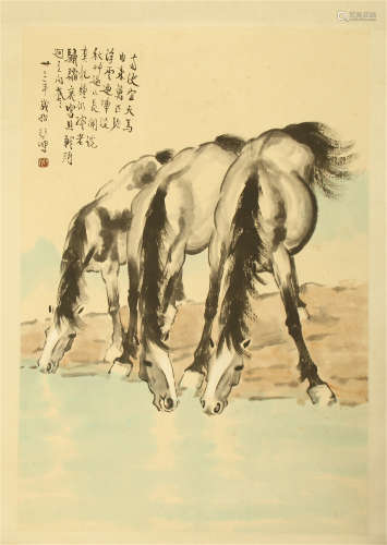CHINESE SCROLL PAINTING OF THREE HORSE BY RIVER WITH CALLIGRAPHY