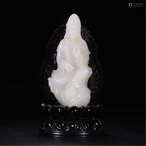 CHINESE WHITE JADE SEATED GUANYIN ON ROSEWOOD BASE