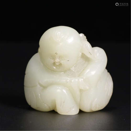 CHINESE WHITE JADE BOY WITH GOOSE TABLE ITEM