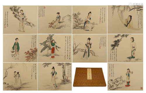 FORTEEN PAGES OF CHINESE ALBUM PAINTING OF BEAUTY IN GARDEN WITH CALLIGRAPHY