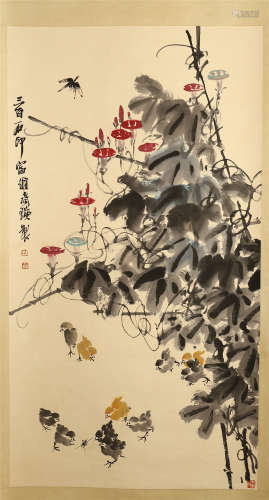 CHINESE SCROLL PAINTING OF CHICK AND FLOWER