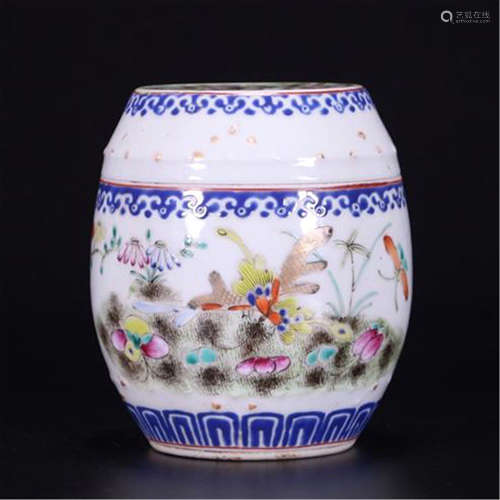 CHINESE PORCELAIN FAMILLE ROSE BIRD AND FLOWER DRUM SHAPED JAR