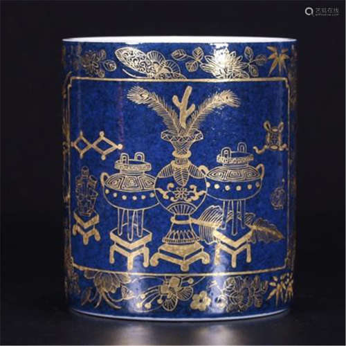 CHINESE PORCELAIN BLUE GLAZE GOLD PAINTED BRUSH POT