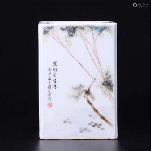 CHINESE PORCELAIN FAMILLE ROSE DRAGONFLY ON BAMBOO SQUARE BRUSH POT