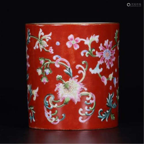 CHINESE PORCELAIN RED GROUND FAMILLE ROSE FLOWER BRUSH POT