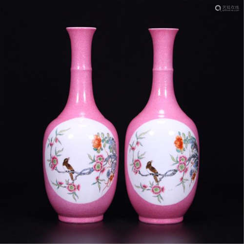 PAIR OF CHINESE PORCELAIN PINK GROUND FAMILLE ROSE BIRD AND FLOWER VASES