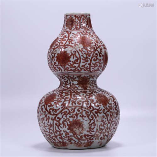 CHINESE PORCELAIN IRON RED FLOWER DOUBLE GOURD VASE