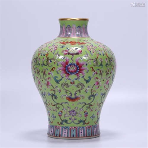 CHINESE PORCELAIN YELLOW GROUND FAMILLE ROSE FLOWER MEIPING VASE