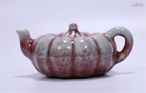 CHINESE PORCELAIN RED GLAZE MELON SHAPED TEA POT