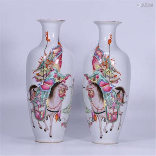 PAIR OF CHINESE PORCELAIN FAMILLE ROSE WARRIOR ON HORSE VASES