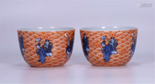 PAIR OF CHINESE PORCELAIN RED WAVE BLUE EIGHT IMMORTALS BOWLS