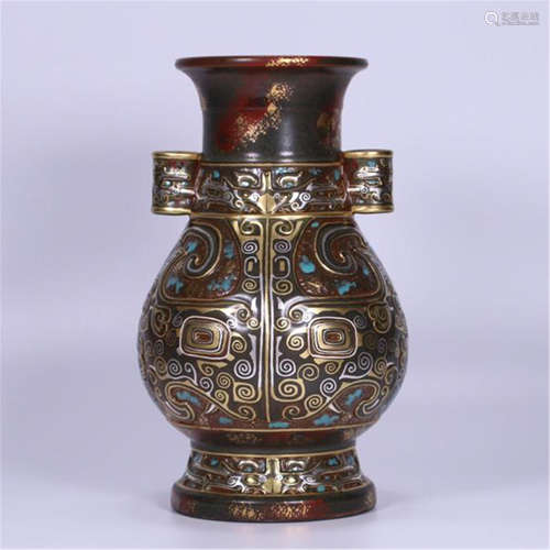 CHINESE PORCELAIN BRONZE-IMMATED GLAZE BEAST ZUN VASE