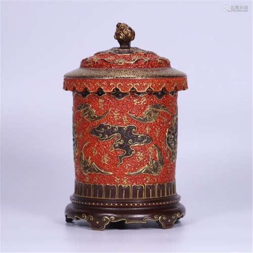 CHINESE PORCELAIN RED GROUND GOLD PAINTED LIDDED INCENSE CAGE