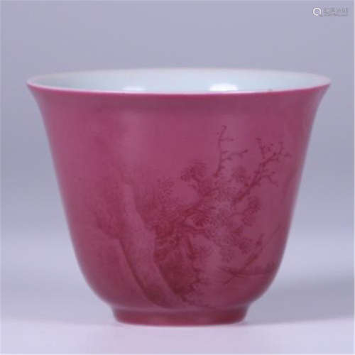 CHINESE PORCELAIN RED GLAZE MOUNTAIN VIEWS CUP