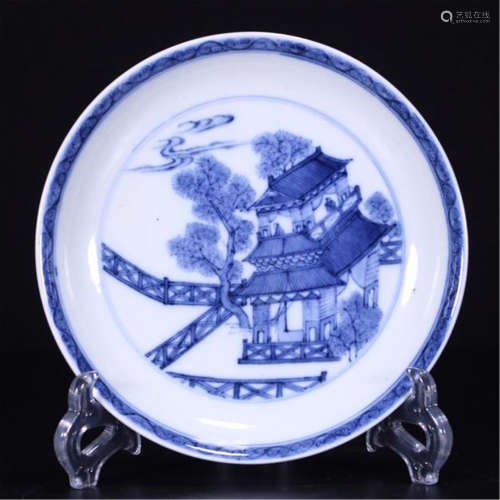 CHINESE PORCELAIN BLUE AND WHITE PAVILION PLATE