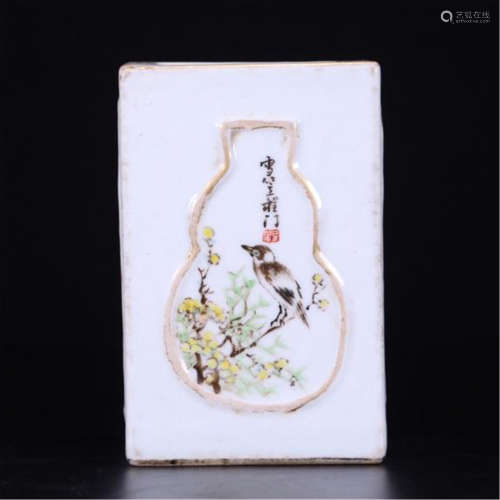 CHINESE PORCELAIN FAMILLE ROSE BIRD AND FLOWER SQUARE BRUSH POT