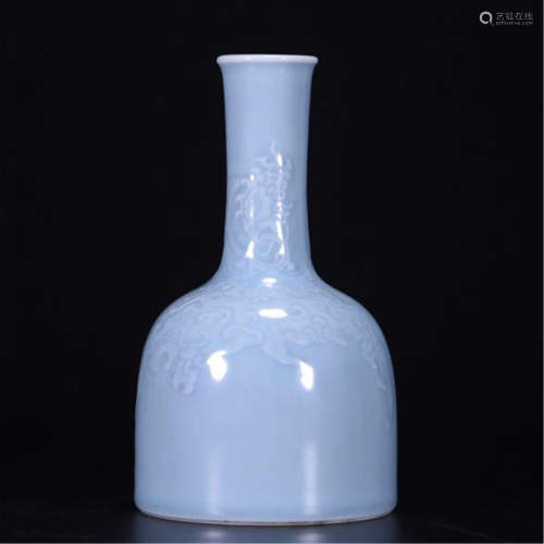 CHINESE PORCELAIN BLUE GLAZE ENGRAVED DRAGON AND CLOUD BELL SHAPED VASE
