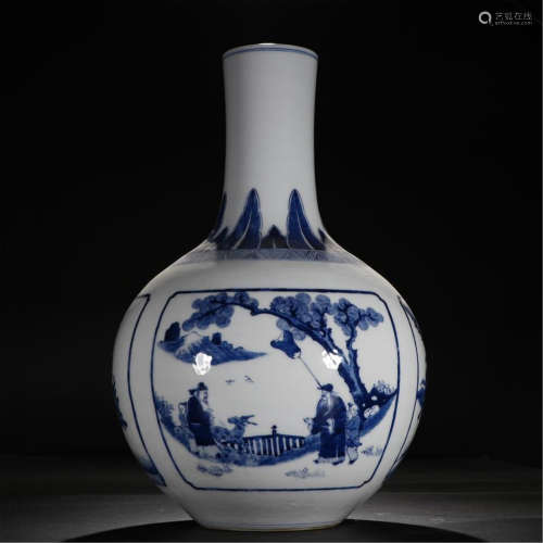 CHINESE PORCELAIN BLUE AND WHITE FIGURES UNDER TREE TIANQIU VASE