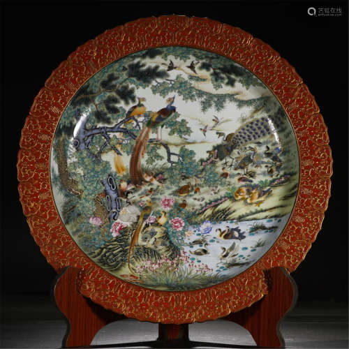 CHINESE PORCELAIN RED GROUND FAMILLE ROSE BIRD AND FLOWER CHARGER