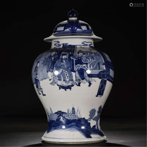 CHINESE PORCELAIN BLUE AND WHITE FIGURES AND STORY LIDDED JAR