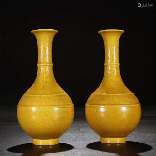 PAIR OF CHINESE PORCELAIN YELLOW GLAZE ENGRAVED FLOWER VASES