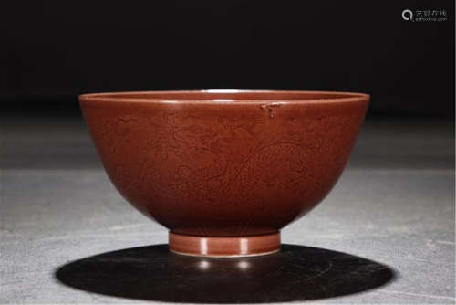 CHINESE PORCELAIN RED GLAZE ENGRAVED FLOWER BOWL