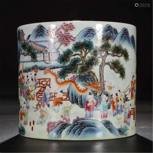 CHINESE PORCELAIN FAMILLE ROSE BOY PLAYING BRUSH POT