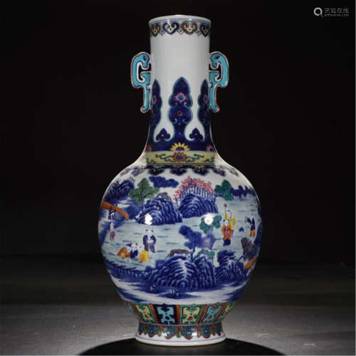CHINESE PORCELAIN BLUE AND WHITE FAMILLE ROSE BOY IN MOUNTAIN HANDLED VASE