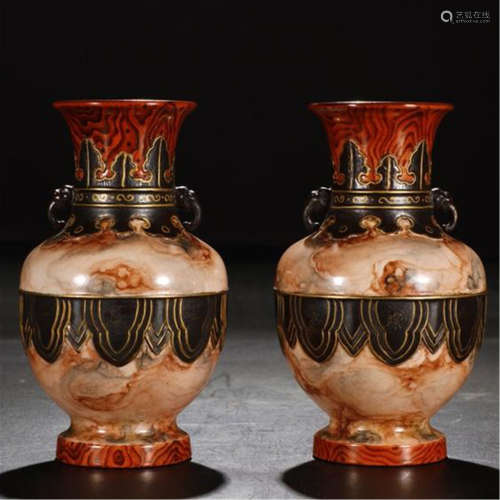 PAIR OF CHINESE WOOD-IMMIATED GLAZE ZUN VASES