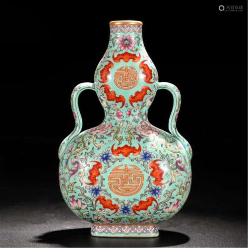 CHINESE PORCELAIN FAMILLE ROSE BAT AND FLOWER DOUBLE GOURD VASE