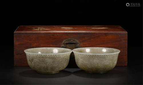 PAIR OF CHINESE CELADON JADE INK PAINTED DRAGON BOWLS