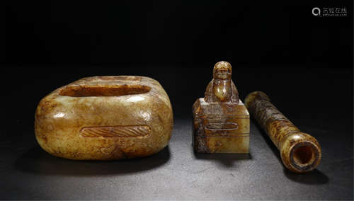 THREE CHINESE ANCIENT JADE INKSTONE SEAL AND BRUSH HANDLE