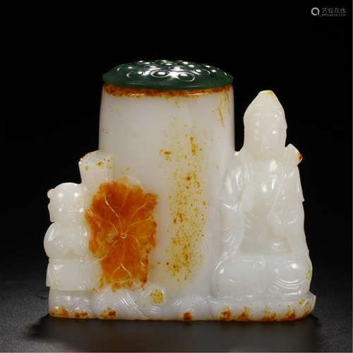 CHINESE WHITE JADE SEATED GUANYIN WATER POT WITH SPINACH JADE LIDDER