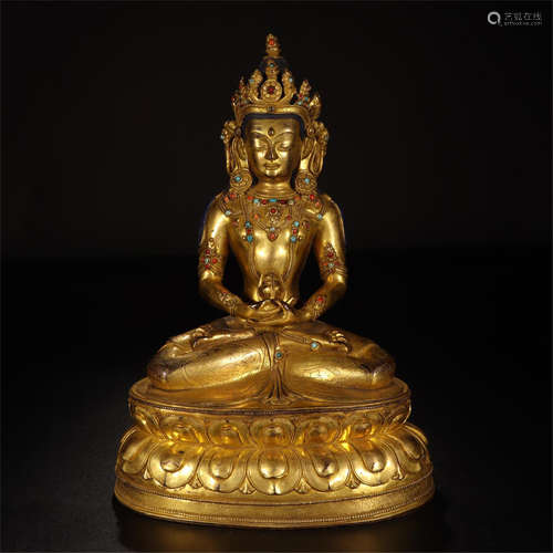 TIBETAN GEM STONE INLAID GILT BRONZE SEATED BUDDHA