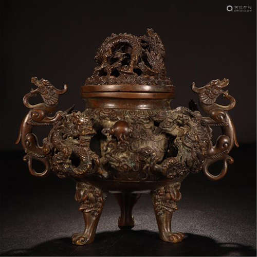 CHINESE BRONZE DRAGON HANDLE TRIPLE FEET LIDDED CENSER