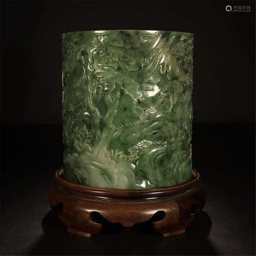 CHINESE SPINACH JADE MOUNTAIN VIEWS BRUSH POT