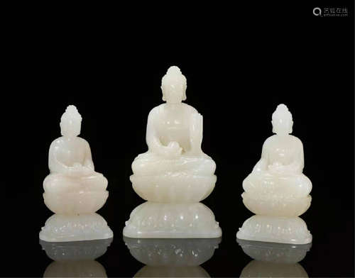 THREE CHINESE WHITE JADE SEATED BUDDHA