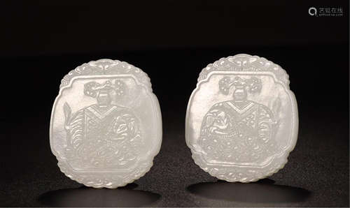 PAIR OF CHINESE WHITE JADE ELEPHANT OVAL PLAQUES