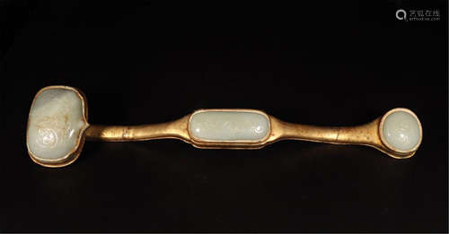 CHINESE JADE PLAQUE INLAID GILT BRONZE RUYI SCEPTER